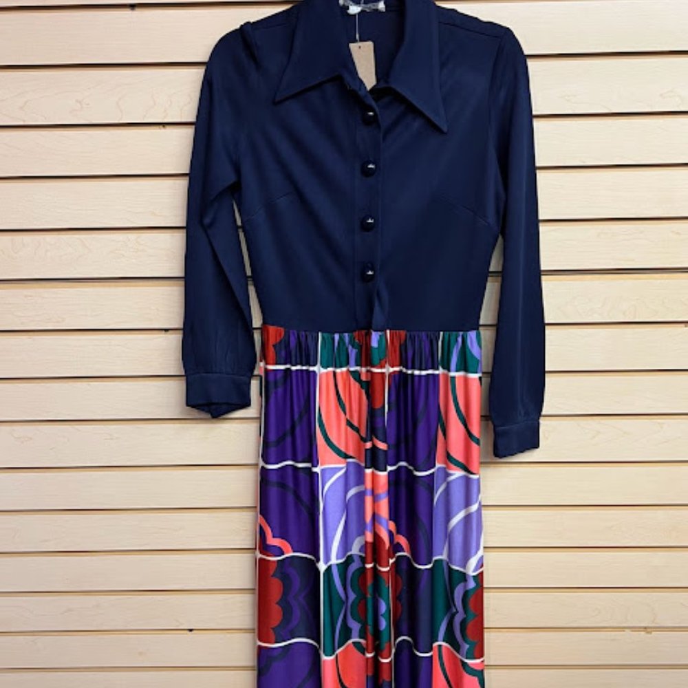 Blue 60s vintage dress with colorful giant plaid